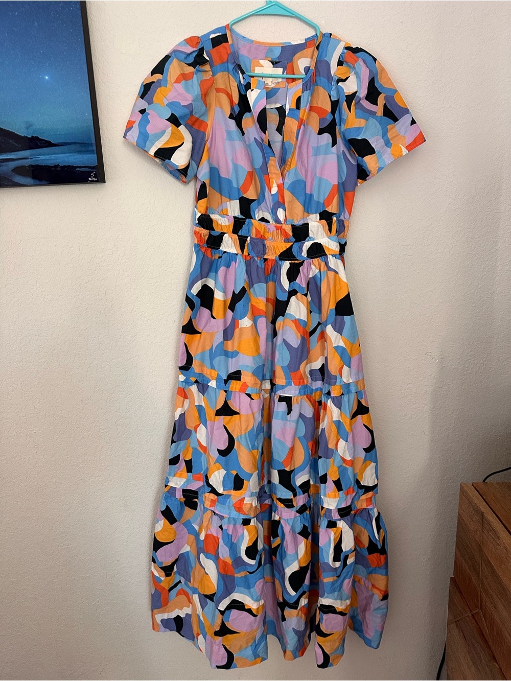 Anthropologie Somerset Multicolor Blue Orange Pink Abstract Tiered Maxi Dress